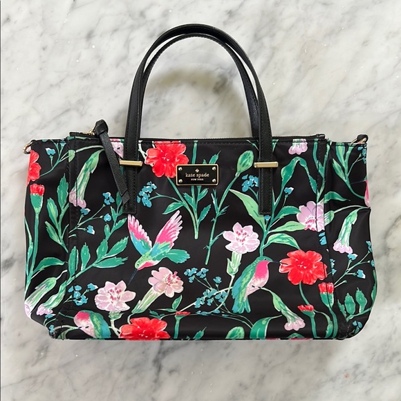 Kate Spade Black Floral Hummingbird Tote Bag